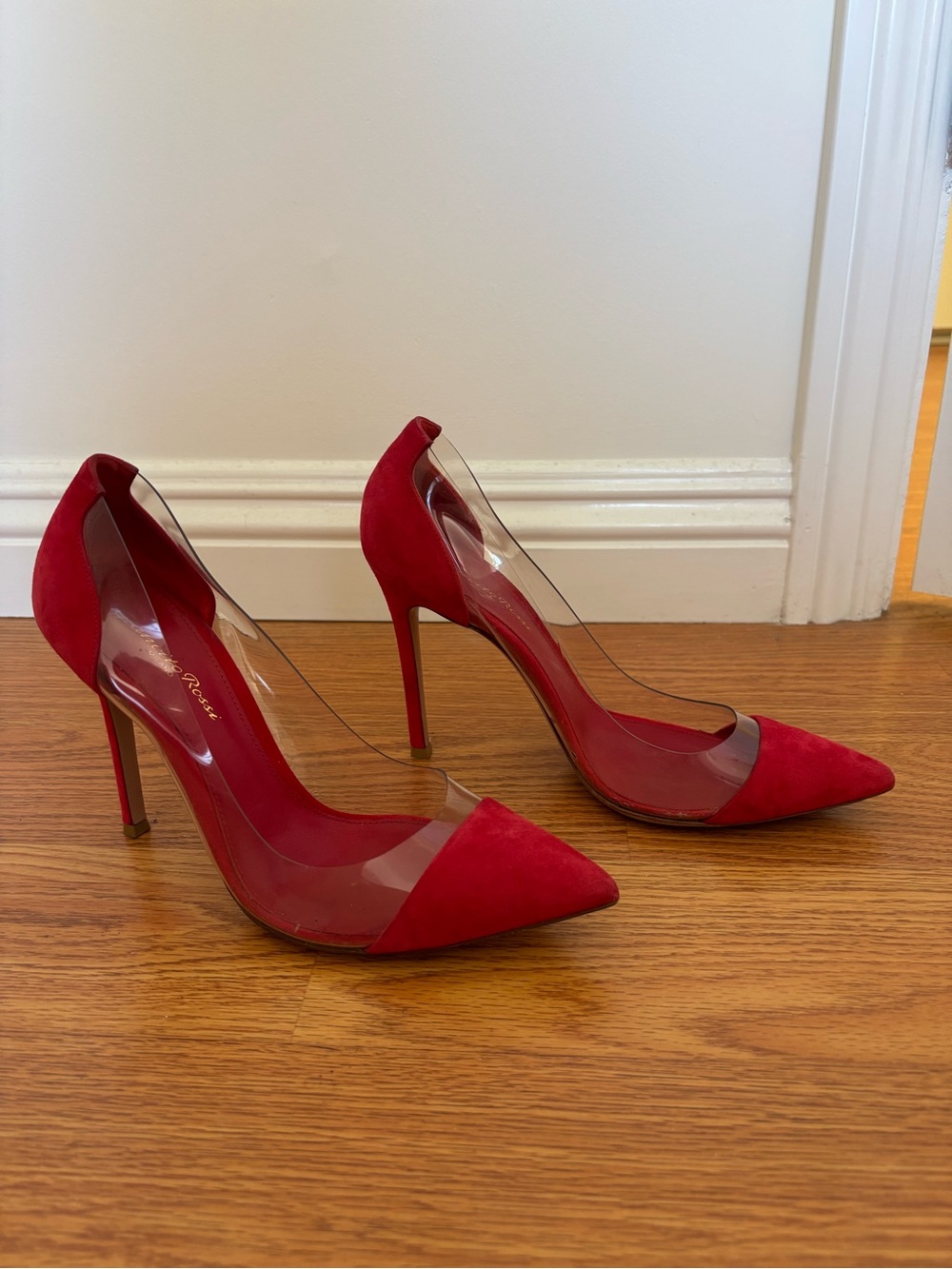 Gianvito Rossi Red Pointed-Toe Plexi Suede Pumps